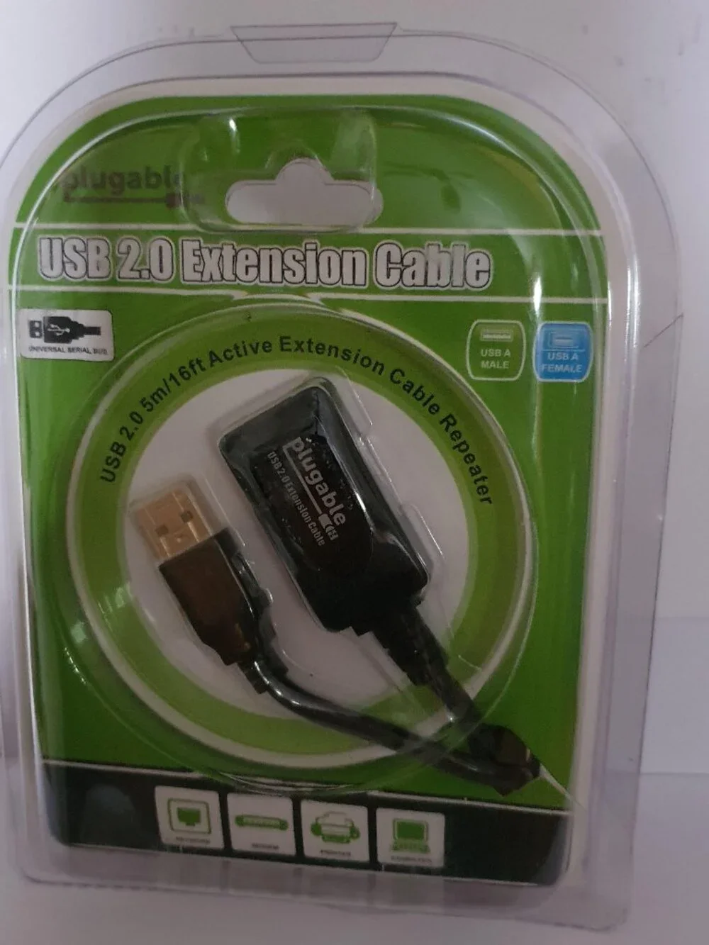 Plugable 5 Meter (16ft) USB 2.0 Active Extension Cable Type A Male to A Female